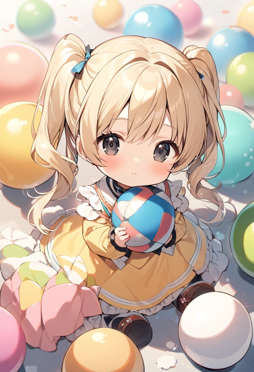 girl, cute, tiny, ball, large twin tails, blond hair, black eyes