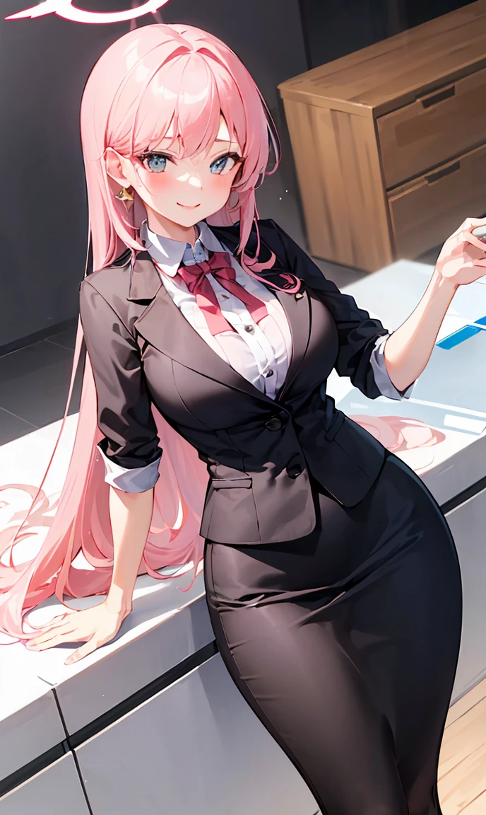 ((masterpiece, best quality)), (1girl),((mature female)), lightpink hair, halo, horn, ((office lady )),bangs,middle breast,(busty),slim,smile, [wide hips],office,standing, aru \(blue archive\),