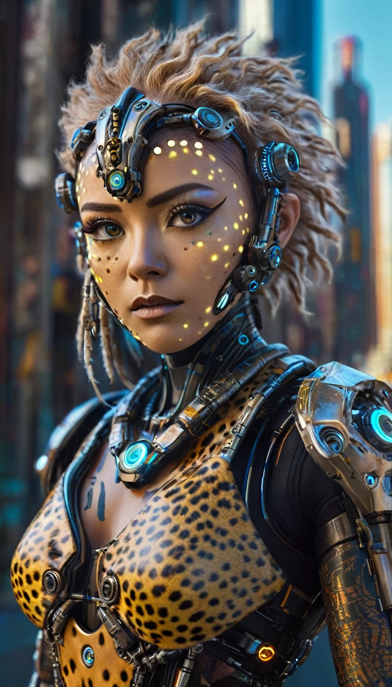 a woman with cybernetic skin that looks like cheetah fur,hair loke fur, cowboy shot, cyberpunk, sci-fi, detailed face and eyes, detailed skin texture, intricate machinery, glowing cybernetic implants, daylight, neon city background, dramatic camera angle, highly detailed, 8k, photorealistic