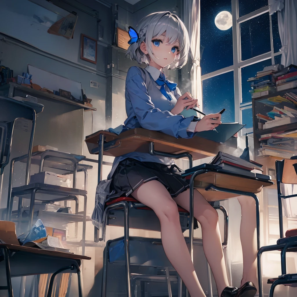 (((1 person　Gray Hair　Holding a pen　classroom　Chair　sit)))　((High resolution　short hair　ribbon　Black Skirt　Rin々Funny face　))　((student　blue eyes　Close-up))　((Blue Butterfly　night　学校のclassroom　Shining Aura　sit　Catch the wind　Looking at the moon outside))　(smile　Bathed in light)　月night　moonlight　star　Shining Background　Shining Edge