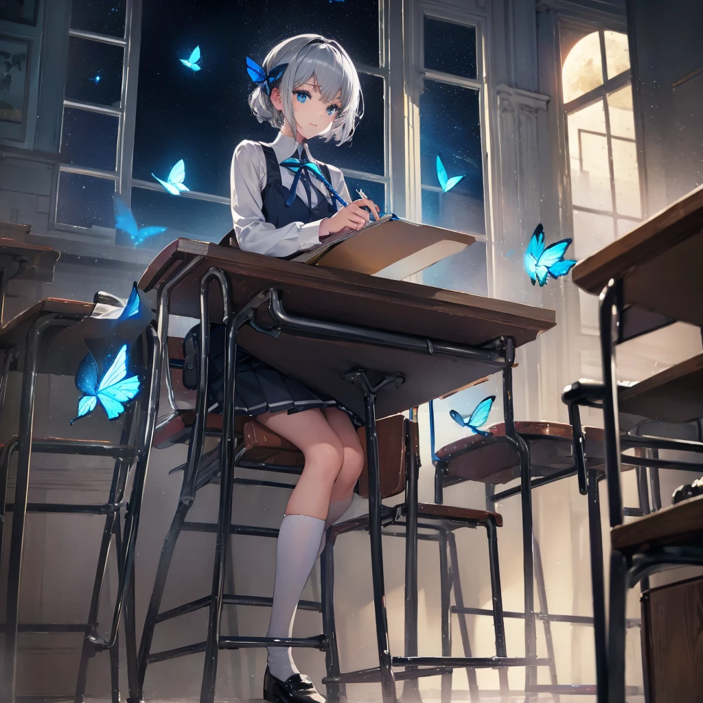 (((1 person Gray Hair Holding a pen classroom Chair sit))) ((High resolution short hair ribbon Black Skirt Rin々Funny face )) ((student blue eyes Close-up)) ((Blue Butterfly night 学校のclassroom Shining Aura sit Catch the wind Looking at the moon outside)) (smile Bathed in light) 月night moonlight star Shining Background Shining Edge