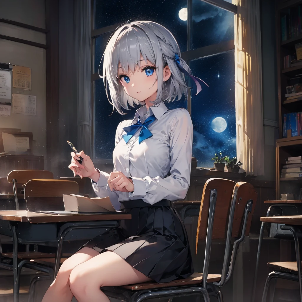 (((1 person Gray Hair Holding a pen classroom Chair sit))) ((High resolution short hair ribbon Black Skirt Rin々Funny face )) ((student blue eyes Close-up)) ((Blue Butterfly night 学校のclassroom Shining Aura sit Catch the wind Looking at the moon outside)) (smile Bathed in light) 月night moonlight star Shining Background Shining Edge