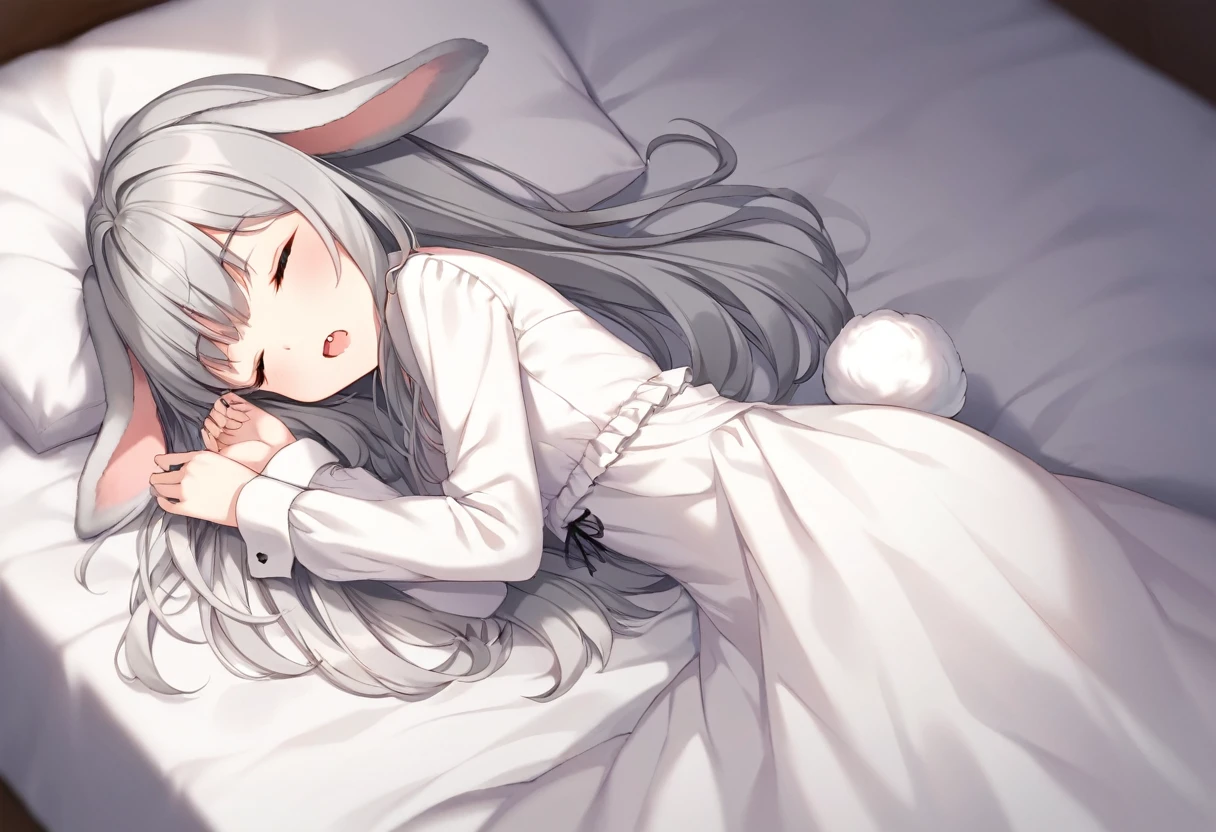 (8k, masterpiece, best quality, ultra-detailed, an extremely delicate and beautiful, official style, depth of field, highly detailed, very aesthetic, intricate, overall detail, perfect anatomy), sleeping, on bed, on side, bed sheet, pillow, BREAK 1girl, solo, gray hair, long hair, closed eyes, rabbit girl, (droopy ears, lop-ears, fluffy:1.2), rabbit tail, (white dress, frill, long sleeves:1.2), faint lips, open mouth, skin fangs