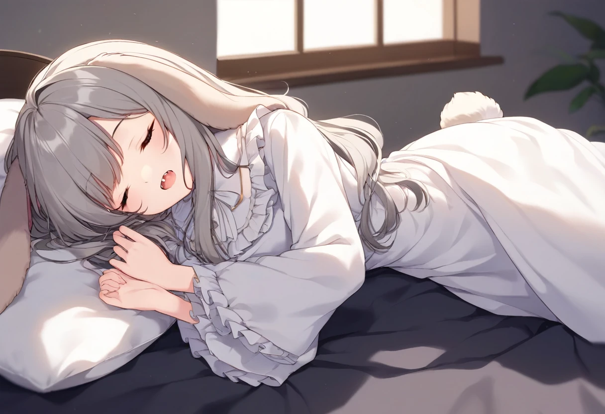 (8k, masterpiece, best quality, ultra-detailed, an extremely delicate and beautiful, official style, depth of field, highly detailed, very aesthetic, intricate, overall detail, perfect anatomy), sleeping, on bed, on side, bed sheet, pillow, BREAK 1girl, solo, gray hair, long hair, closed eyes, rabbit girl, (droopy ears, lop-ears, fluffy:1.2), rabbit tail, (white dress, frill, long sleeves:1.2), faint lips, open mouth, skin fangs
