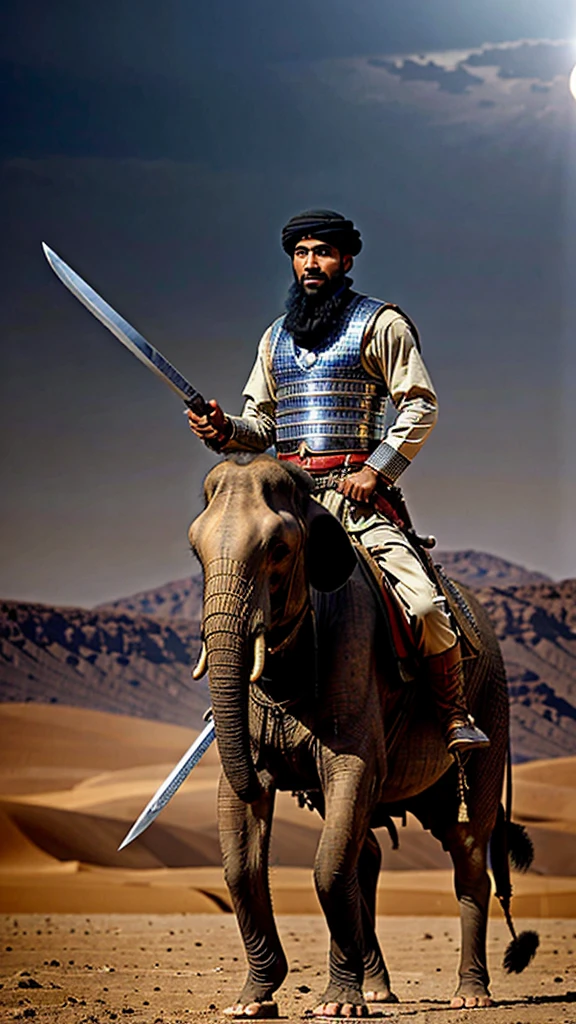 A Muslim man full of courage and confidence carries a sword in his hand, ready to fight against troops riding elephants. The dramatic atmosphere takes place in the background of a vast and barren desert. Very real, high resolution, 8k resolution, intricate details