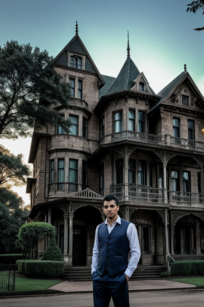 A man
standing outside a haunted mansion