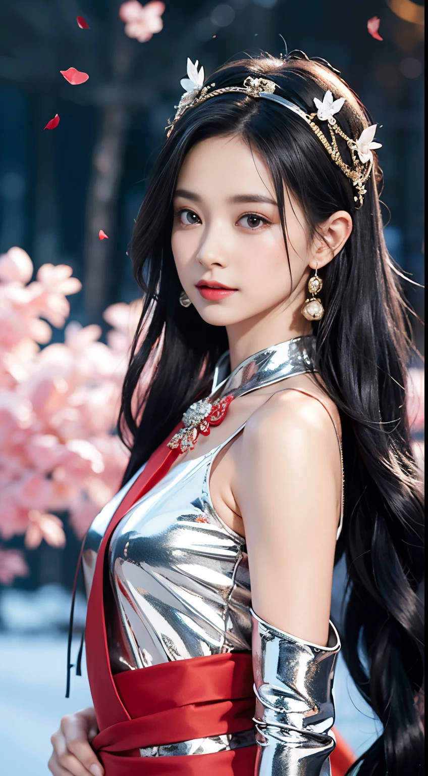32k（tmasterpiece，k hd，hyper HD，32k）Long flowing black hair，Ponds，zydink， colour，  Xuzhou nationality （Seduce a girl）， （Red scarf in the snow）， battle posture， Looking at the ground， Long grey hair， Floating hair， Koi print headdress， Chinese Long Sleeve Silver Cheongsam， （Abstract gouache splash：1.2）， Pink petals background，Forget about flying flowers（realisticlying：1.4），black colored hair，Falling leaves flutter，The background is pure， hight resolution， detaileds， RAW photogr， Sharp Re， 「Nikon D850 Film」Jeff Fries Lee 4 Kodak Portra 400 Camera F1 Stock Photo.6 shots, Rich colors, Ultra-realistic vivid textures, Dramatic Lighting, Unreal Engine Art Station Trends, Synestil 800，Long flowing black hair，see-through transparent clothes,The belly button and the surrounding area are exposed,Shoulders exposed skin,Small breasts,Small Bust,Small waist,Small waist,Slim figure,Are thin,Small Ass,Small, flat hips,small and flat bust,