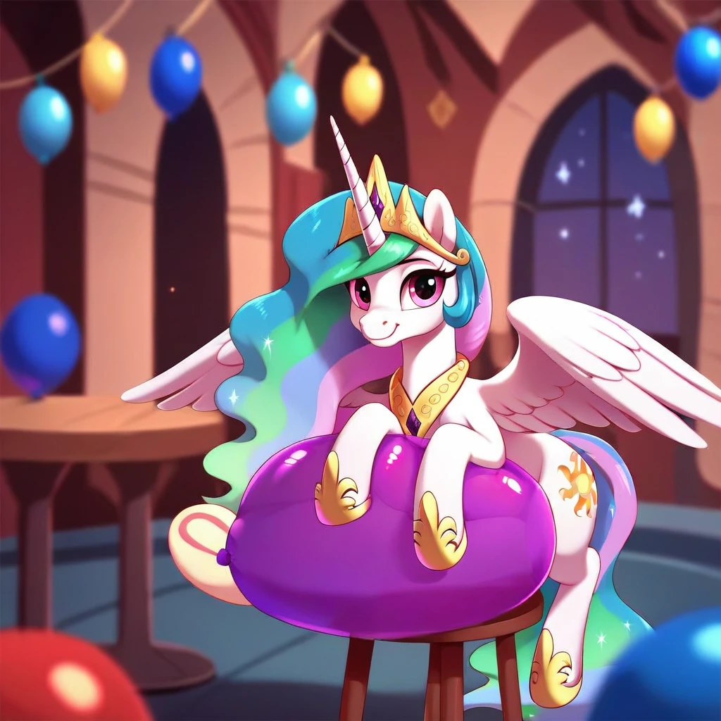 score_9, score_8_up, score_7_up, score_6_up, score_5_up, score_4_up, Digital art, cute, feral, alicorn, princess celestia, female, muscular, rating_questionable, suggestive, presenting, cute digital art of a feral character straddling one balloon, meadow, night, (balloon , looner, sitting on a balloon, balloon sitting:1.2), sitpop, (detailed balloon, one balloon, medium balloon, sitpop:1.1),  thick thighs, balloon , sitting on a balloon, one balloon, (tied balloon, soft balloon, squishy balloon, underinflated balloon, necked balloon:1.2), (sitpop, balloon pieces, popped balloon:1.2), foreshortening, depth of field, motion lines, emphasis lines, impact emanata, stars, stool, sitting on a balloon on a stool 