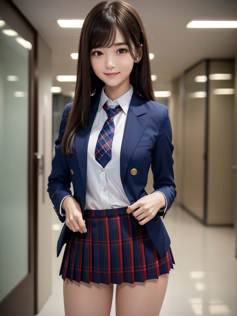 (8K, RAW Photos, Highest quality), Stand in the classroom of school, (((((((One woman))))))), ((Brown Hair)), ((Long Bob Hair)), ((Detailed eyes)), ((smile)), ((Red tie)), (((Dark blue closed blazer))), (((A blue plaid pleated miniskirt that wraps around the ))), Asymmetrical bangs, 楽しそうなsmile, Thighs, knees, Random pose，pretty girl，Slender girl