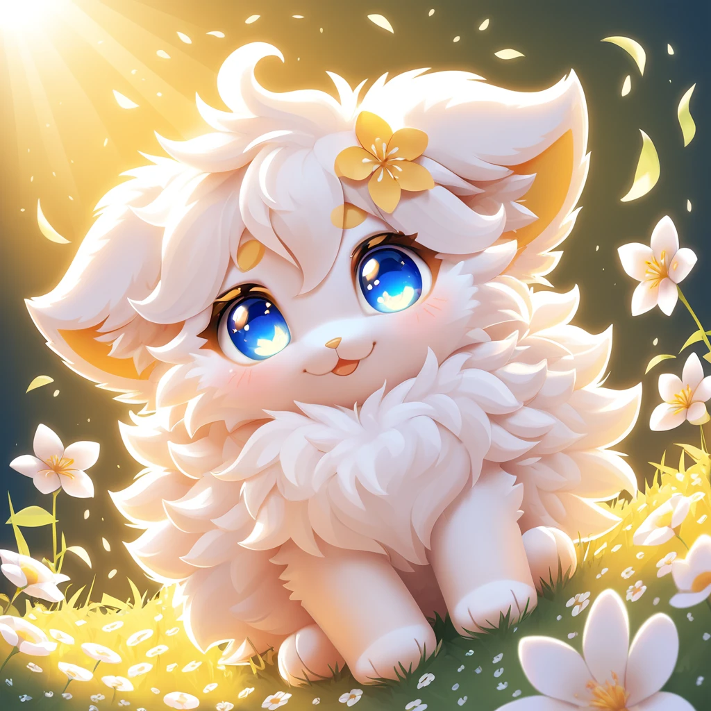 Fluffy cute ball of a flower gold and white with lovely eyes shimmering in the sunlight
