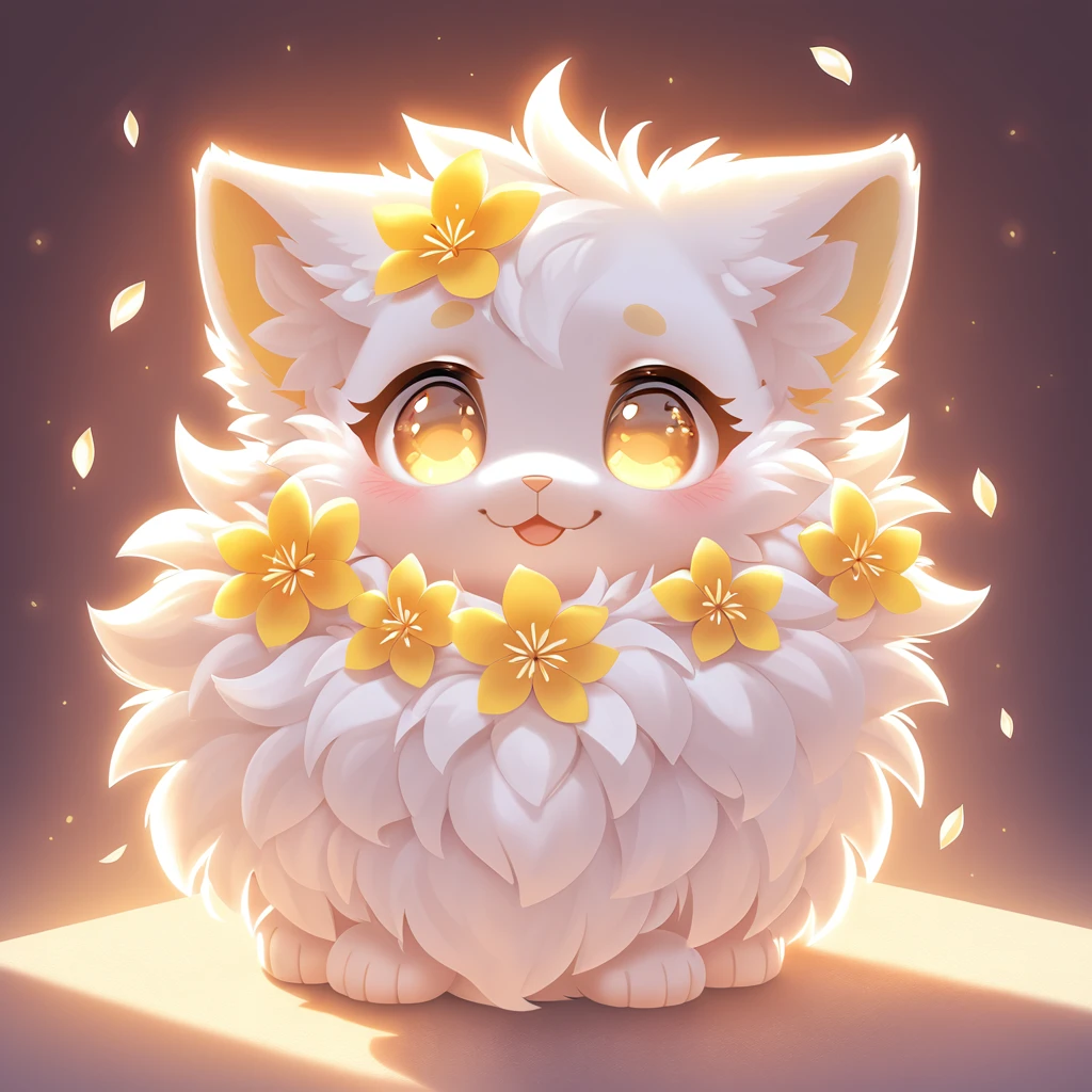 Fluffy cute ball of a flower gold and white with lovely eyes shimmering in the sunlight