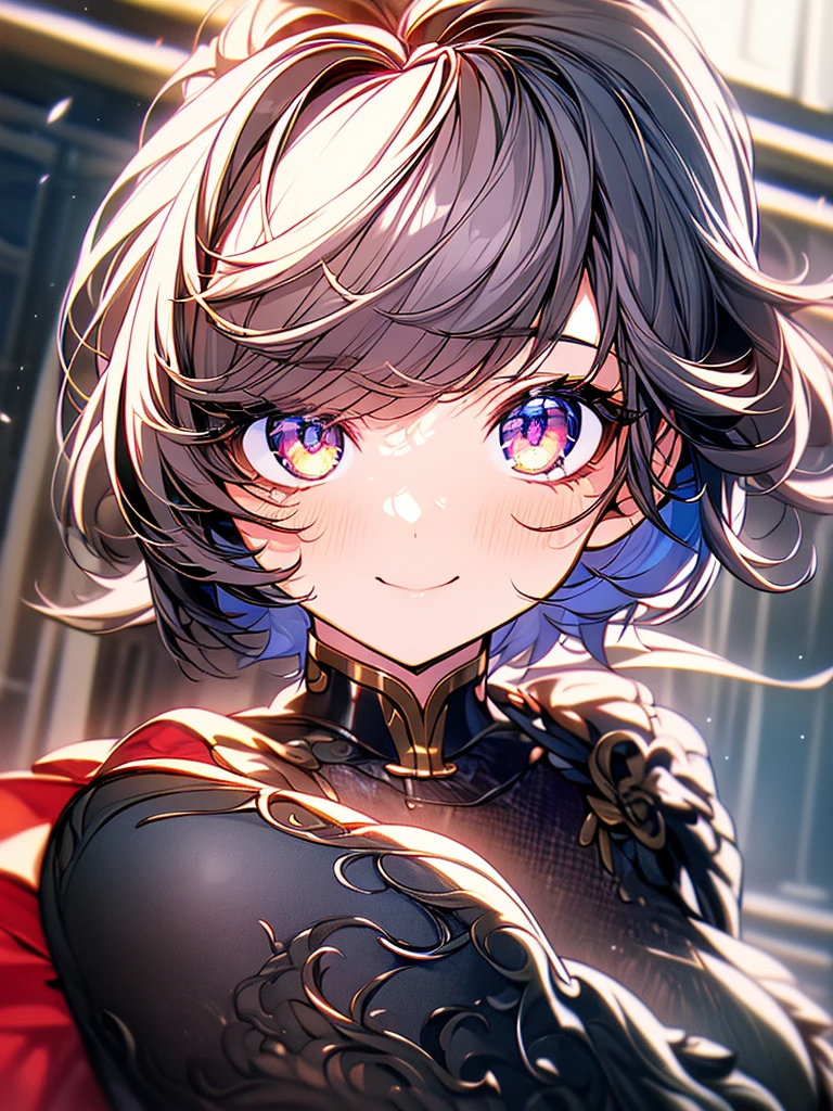 (masterpiece, highest quality, highest quality, (No text), Beautiful and aesthetic:1.2),No text,アニメ、 BREAK,One Girl，Short black hair　Beautiful eyes　Red eyes　Beautiful girl　cool　smile　Black Coat　mini skirt　whole body　Night view　Beautifully detailed face and eyes、Detailed eyes and face、Intricate details, Ergonomically correct depiction of five fingers, 繊細なsmile