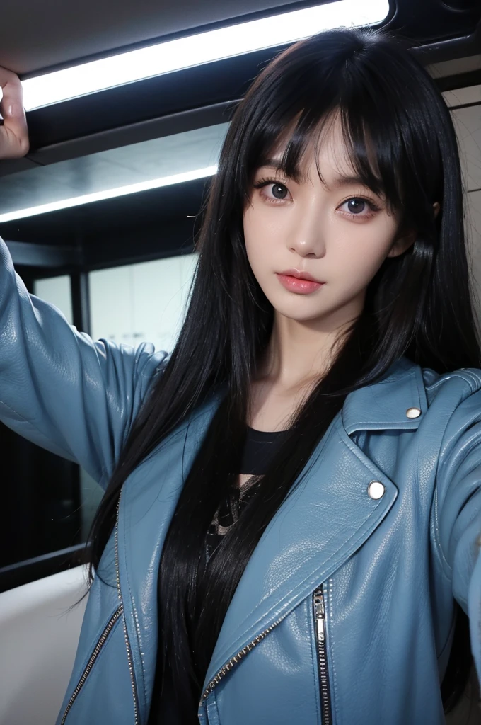 30-year-old woman,Black Hair,Asian,Korean style long hair,Headband,Long Bangs,Blue Eyes,Dark Skin,leather jacket,Selfie
