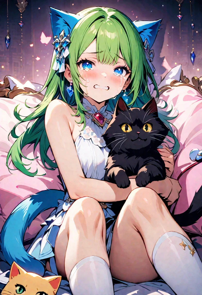 masterpiece, Highest quality, Illustrations for novels, High resolution, 18+ Adult content, Sensual, Intimate, Emotional, Passionate, romantic, sweet, Adorable, Innocent, Pure, Enchanting, Enchantingな, attractive, mysterious, Enchantingな, Enchanting, Immersive, Enchantingな, dream-like, Surreal, Imaginative, Whimsical, Artistic, Avant-garde, timeless, elegant, Sophisticated, chic, Sophisticated, Individuality, original, Enchantingな,One girl,Deltamon_beta, alone, blue eyes, Knee socks, Animal ears, Bare shoulders, Blue Tail, Earrings,Removable sleeves, Green Hair, No sleeve, Cat ear, bag, white Knee socks, Cat's Tail,pink backpack,Pink school bag,(A Cheetah/A cheetah/Cheetah Dress:1.3), Paired with ivory tights and Mary Jane shoes.,Cherry-blossom viewing, azalea, satsuki, azalea blizzard,
rest ((Avoidance method ((kitten)), Crying face))