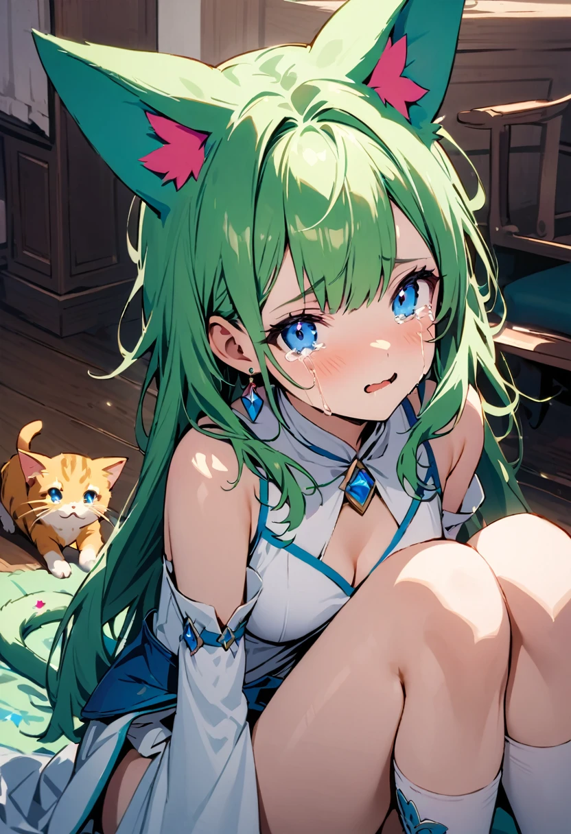 masterpiece, best quality, novel illustration, highres, 18+ mature content, sensual, intimate, emotional, passionate, romantic, sweet, endearing, innocent, pure, captivating, alluring, enticing, mysterious, enchanting, captivating, immersive, mesmerizing, dreamlike, surreal, imaginative, whimsical, artistic, avant-garde, timeless, elegant, sophisticated, chic, refined, unique, original, mesmerizing,1girl,deltamon_beta, solo, blue eyes, thighhighs, animal ears, bare shoulders, blue tail, earrings,detached sleeves, green hair, sleeveless, cat ears, bag, white thighhighs, cat tail,pink backpack,pink randseru,Lavender Lace: A lavender lace dress with a Peter Pan collar, paired with ivory tights and Mary Jane shoes.,Cherry blossom viewing, Azalea, Satsuki, Azalea blizzard,
Rest ((Avoided by ((kitten)), crying face))