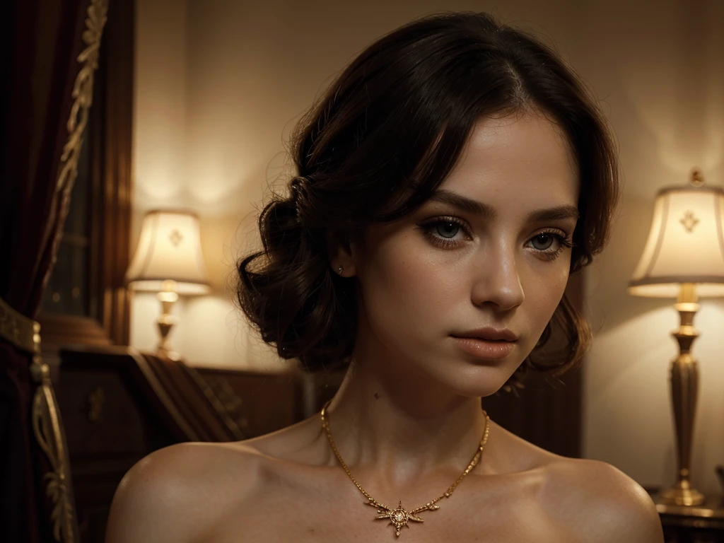 A chiaroscuro portrait of a woman, beautiful detailed eyes, beautiful detailed lips, extremely detailed eyes and face, long eyelashes, porcelain skin, elegant hairstyle, intricate jewelry, dramatic lighting, Renaissance style, dramatic shadows, warm golden tones, dramatic chiaroscuro lighting, ultra-detailed, 8k, photorealistic, masterpiece, cinematic, dramatic atmosphere, elegant and regal