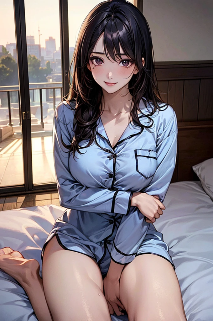((((perfect anatomy, super detailed skin)))), 1 girl, japanese, , shiny skin, large breasts:0.5, watching the view,
beautiful hair, beautiful face, beautiful detailed eyes, (long hair:1.4),
beautiful clavicle, beautiful body, beautiful chest, beautiful thigh, beautiful legs, babyface, mole under eye, seductive arms, seductive thighs,
((Pajamas)),
(smile), sitting bed,
(beautiful scenery), bedroom,
(8k, top-quality, masterpiece:1.2, extremely detailed), (photorealistic), beautiful illustration, cinematic lighting,