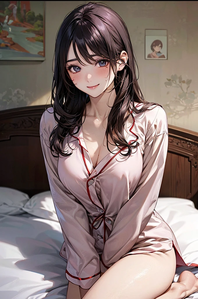 ((((perfect , super detailed skin)))), 1 girl, japanese, 14 years old, shiny skin, large :0.5, watching the view, 
beautiful hair, beautiful face, beautiful detailed eyes, (long hair:1.4), 
beautiful clavicle, beautiful body, beautiful , beautiful thigh, beautiful legs, babyface, mole under eye,  arms,  thighs, 
((Pajamas)), 
(smile), sitting bed, 
(beautiful scenery), bedroom, 
(8k, top-quality, masterpiece​:1.2, extremely detailed), (photorealistic), beautiful illustration, cinematic lighting,
