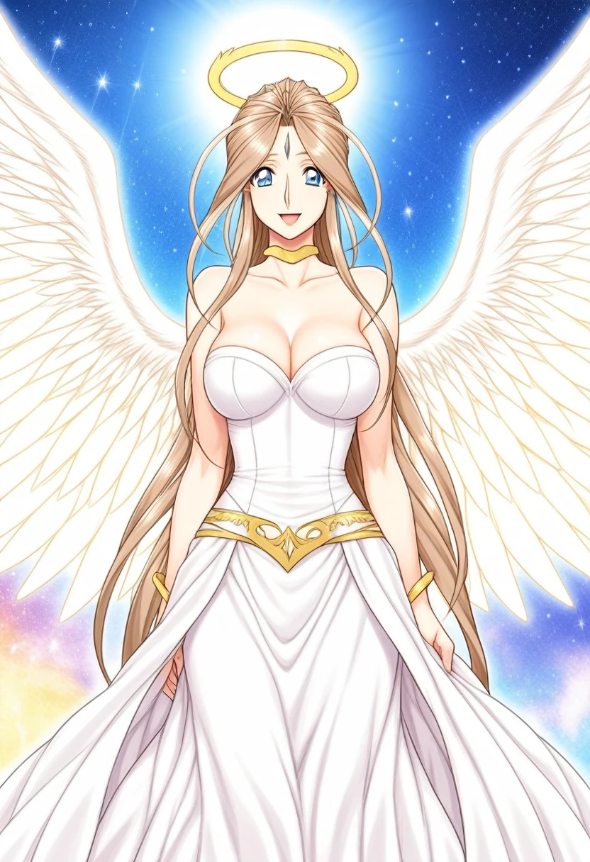 (masterpiece:1.4), (best quality:1.4), ((ultra detailed:1.4)), score_9, score_8_up, score_7_up, score_6_up, score_5_up, score_4_up, ultra details face, ((ultra details eyes)),
1girl, solo, laerg breasts, open mouth, pleasure smile, beautiful details eyes, BREAK, Heaven, golden shining world, (Galaxy background:1.5), (sky with fantastic planets:1.5), ((golden angle wings)), many wings, archangel, beautiful white long dress with gold and red embroidery, beautiful belt, ((angel holding a crystl rod of light)),
BREAK, ((Six large angle wings)), (multiple wings), ((upper body)),
BREAK, Lovebell-SDXL, Belldandy, long ponytail, blue eyes, brown hair,