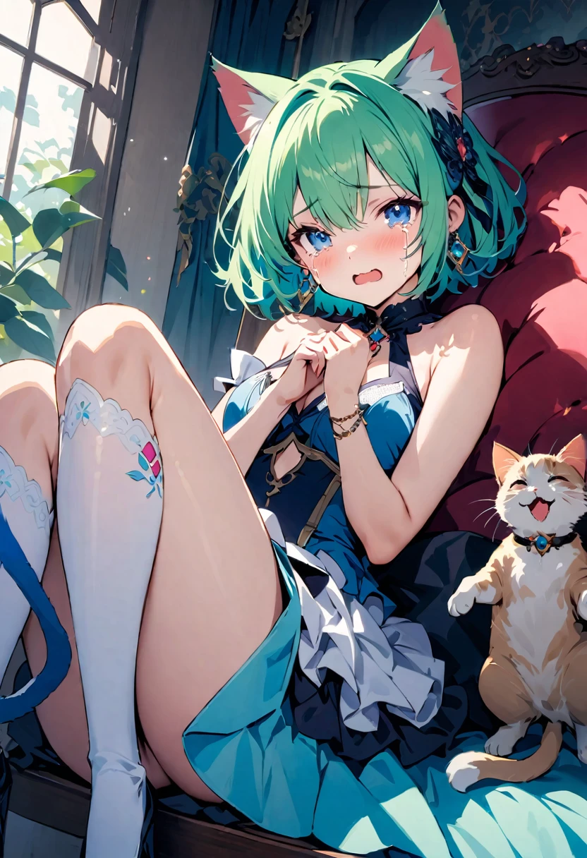 masterpiece, Highest quality, Illustrations for novels, High resolution, 18+ Adult content, Sensual, Intimate, Emotional, Passionate, romantic, sweet, Adorable, Innocent, Pure, Enchanting, Enchantingな, attractive, mysterious, Enchantingな, Enchanting, Immersive, Enchantingな, dream-like, Surreal, Imaginative, Whimsical, Artistic, Avant-garde, timeless, elegant, Sophisticated, chic, Sophisticated, Individuality, original, Enchantingな,One girl,Deltamon_beta, alone, blue eyes, Knee socks, Animal ears, Bare shoulders, Blue Tail, Earrings,Removable sleeves, Green Hair, No sleeve, Cat ear, bag, white Knee socks, Cat's Tail,pink backpack,Pink school bag,Lavender lace: A Cheetah in Peter Pan color/A cheetah/Cheetah Dress, Paired with ivory tights and Mary Jane shoes.,Cherry-blossom viewing, azalea, satsuki, azalea blizzard,
rest ((Avoidance method ((kitten)), Crying face))