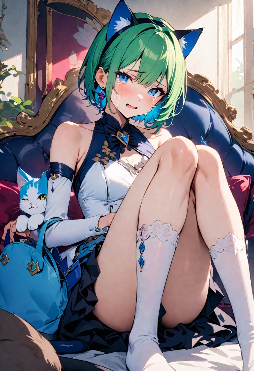 masterpiece, Highest quality, Illustrations for novels, High resolution, 18+ Adult content, Sensual, Intimate, Emotional, Passionate, romantic, sweet, Adorable, Innocent, Pure, Enchanting, Enchantingな, attractive, mysterious, Enchantingな, Enchanting, Immersive, Enchantingな, dream-like, Surreal, Imaginative, Whimsical, Artistic, Avant-garde, timeless, elegant, Sophisticated, chic, Sophisticated, Individuality, original, Enchantingな,One girl,Deltamon_beta, alone, blue eyes, Knee socks, Animal ears, Bare shoulders, Blue Tail, Earrings,Removable sleeves, Green Hair, No sleeve, Cat ear, bag, white Knee socks, Cat's Tail,pink backpack,Pink school bag,(A Cheetah/A cheetah/Cheetah Dress:1.3), Paired with ivory tights and Mary Jane shoes.,Cherry-blossom viewing, azalea, satsuki, azalea blizzard,
rest ((Avoidance method ((kitten)), Crying face))
