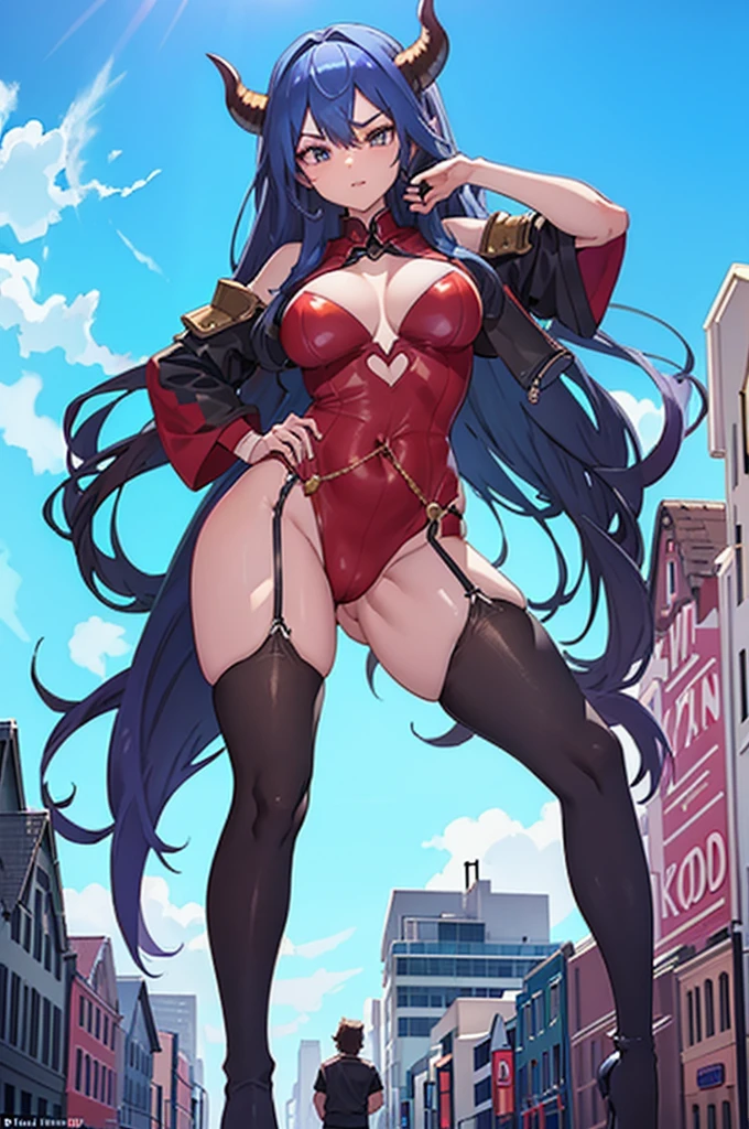 A giantess succubus with long hair stands in the middle of a small town. The camera perspective is from below, which emphasizes her imposing stature. The giantess wears an outfit that accentuates all her curves, especially her long legs and large calves. Her posture, with her hands on her hips and a defiant expression on her face, exudes dominance. The tall buildings around her seem tiny in comparison.