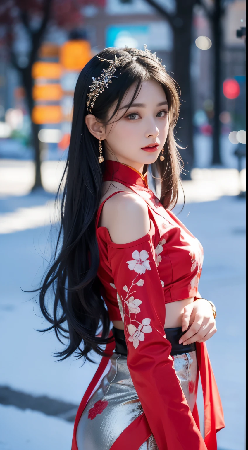 32k(tmasterpiece,k hd,hyper HD,32k)Long flowing black hair,Ponds,zydink, colour, Xuzhou nationality (Seduce a girl), (Red scarf in the snow), battle posture, Looking at the ground, Long grey hair, Floating hair, Koi print headdress, Chinese Long Sleeve Silver Cheongsam, (Abstract gouache splash:1.2), Pink petals background,Forget about flying flowers(realisticlying:1.4),black colored hair,Falling leaves flutter,The background is pure, hight resolution, detaileds, RAW photogr, Sharp Re, 「Nikon D850 Film」Jeff Fries Lee 4 Kodak Portra 400 Camera F1 Stock Photo.6 shots, Rich colors, Ultra-realistic vivid textures, Dramatic Lighting, Unreal Engine Art Station Trends, Synestil 800,Long flowing black hair,see-through transparent clothes,The belly button and the surrounding area are exposed,Shoulders exposed skin,Small breasts,Small Bust,Small waist,Small waist,Slim figure,Are thin,Small Ass,Small, flat hips,small and flat bust,