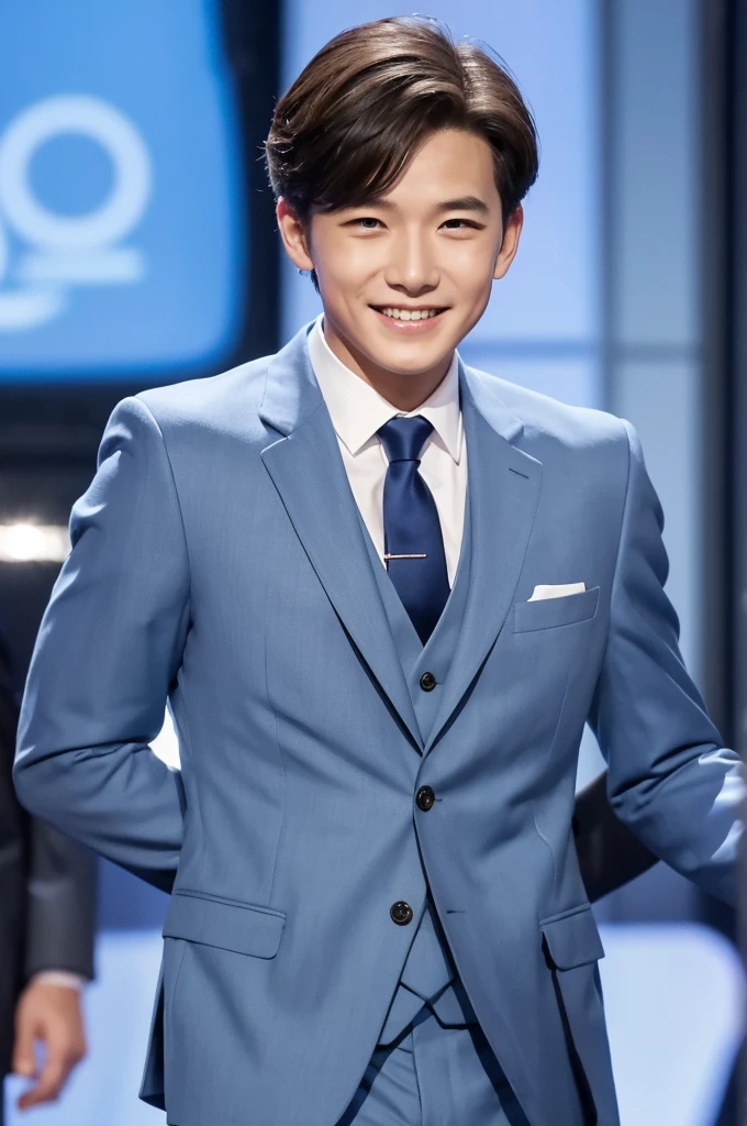 (masterpiece:1.1),(best quality:1.1),1 boy,soft light,man jxx,smile,look at the audience,Navy suit jacket, light bluetie,