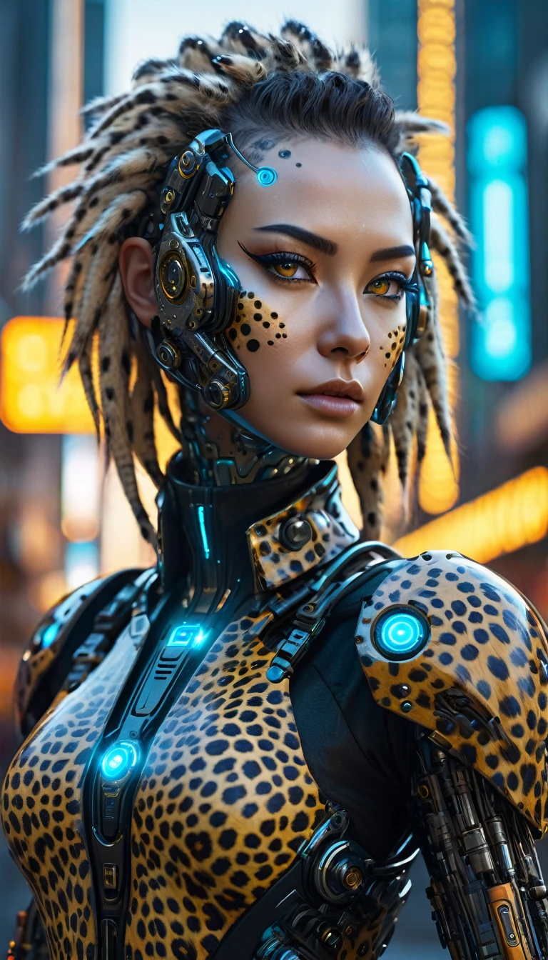 a woman with cybernetic skin that looks like cheetah fur,hair like cheetah fur,  cowboy shot, cyberpunk, sci-fi, detailed face and eyes, detailed skin texture, intricate machinery, glowing cybernetic implants, daylight, neon city background, dramatic camera angle, highly detailed, 8k, photorealistic