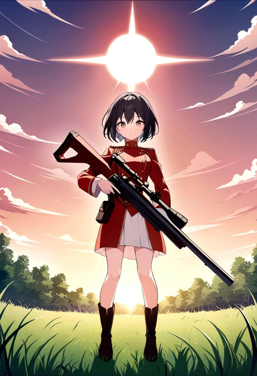 A military anime girl, girl with full body , a sniper gun in her hand, bloody background , military costume, short hair , sun set time , grass , a military anime girl wallpaper, HD quality, full detailed wallpaper, high saturation colour, master peace, 4k image, quality, most detailed image ,