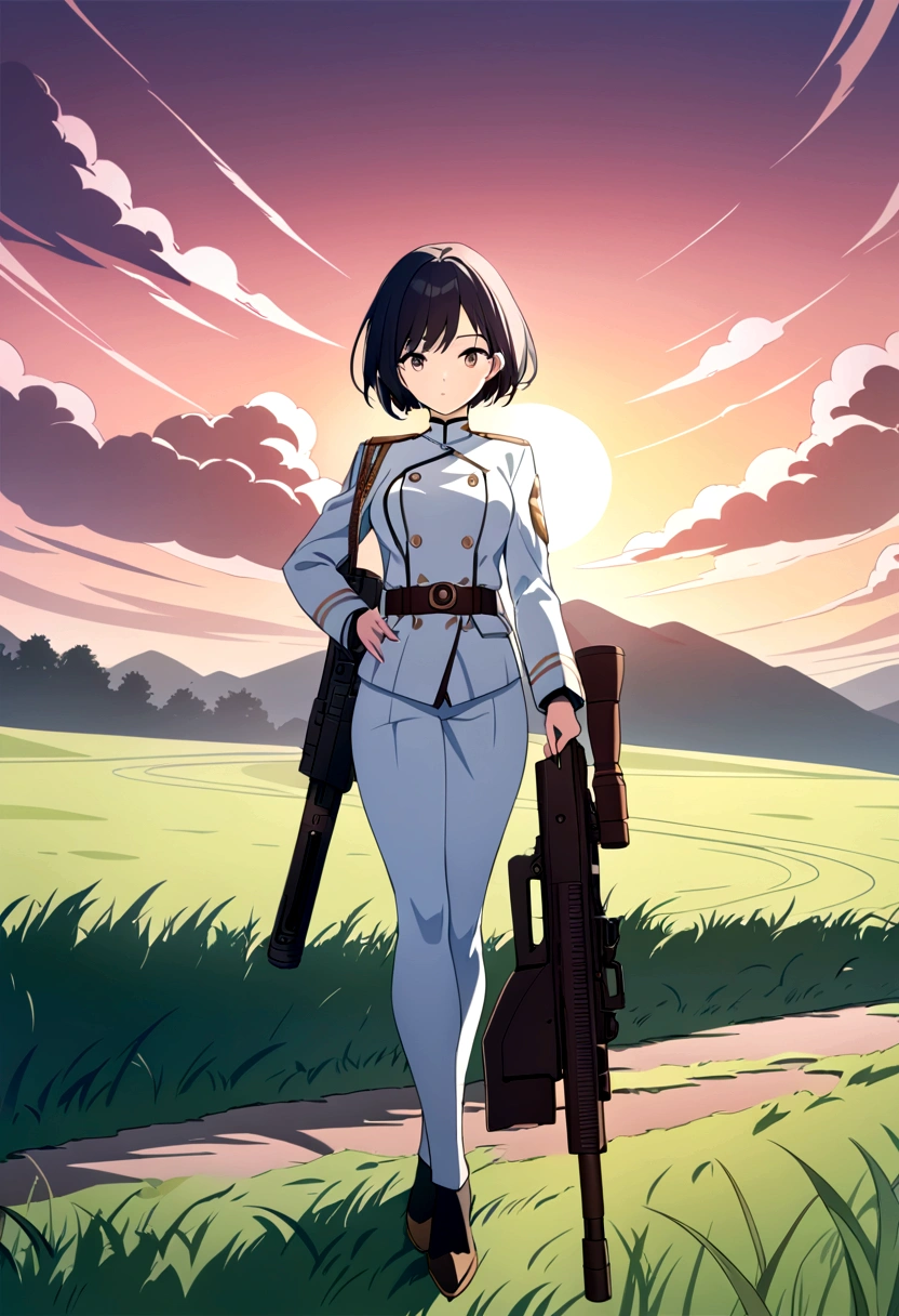 A military anime girl, girl with full body , a sniper gun in her hand, bloody background , military costume, short hair , sun set time , grass , a military anime girl wallpaper, HD quality, full detailed wallpaper, high saturation colour, master peace, 4k image, quality, most detailed image ,