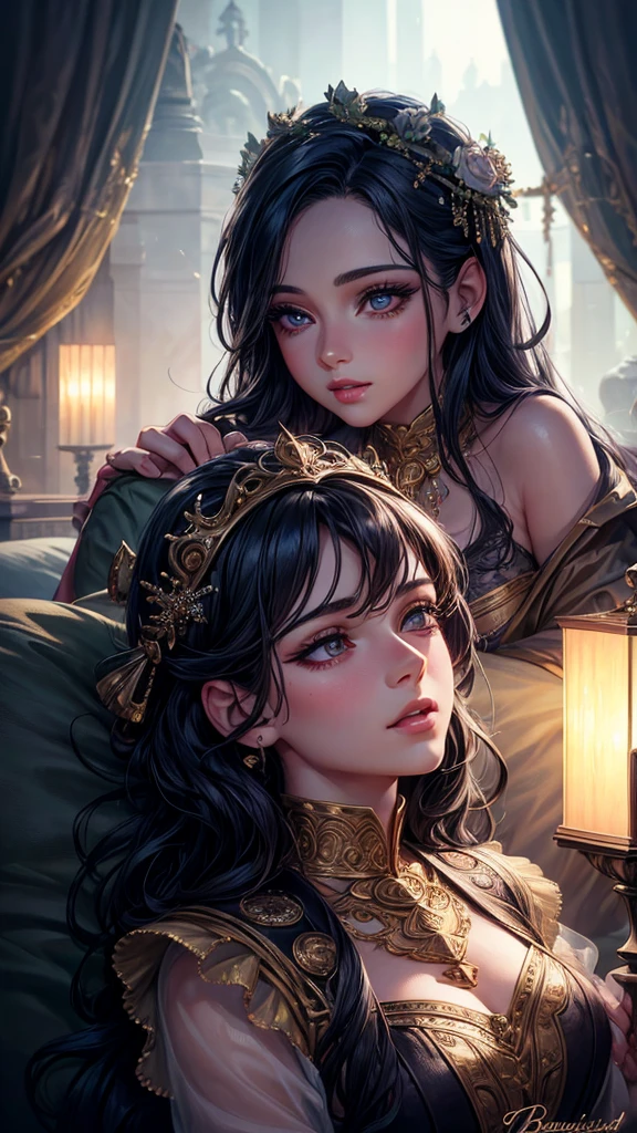 2 young and thin Thai girls kissing, wearing typical clothes and accessories, having sex with a masquito, mandalas and Islam in the background