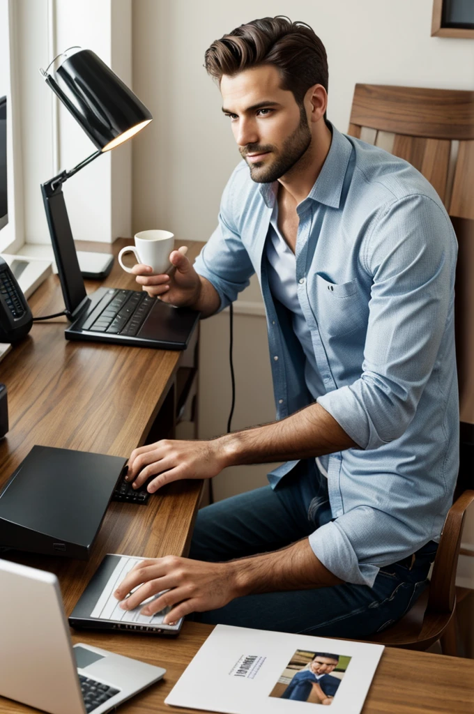 Handsome man sitting at the computer,Prints,there is a cup of coffee on the table,next to the lamp,