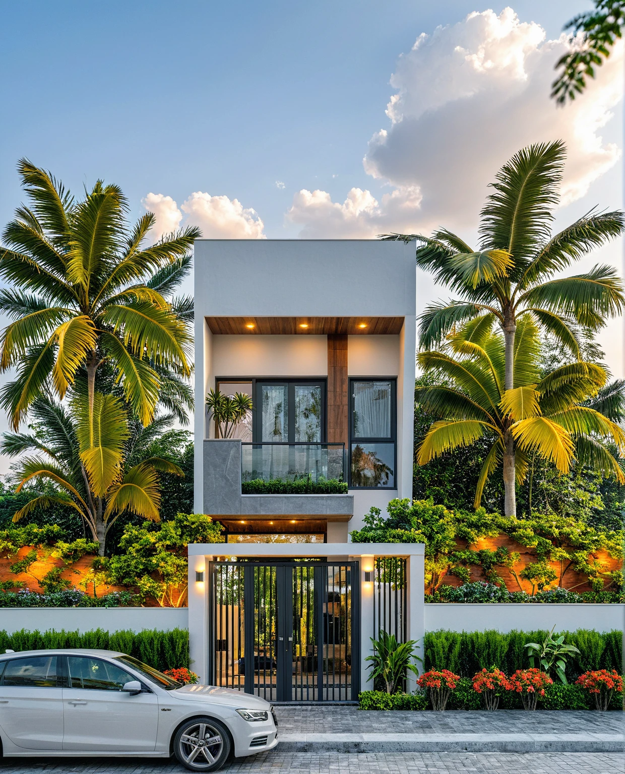 Masterpiece, high quality, best quality, authentic, super detailed, outdoor, aiaigroup, 2-storey modern townhouse style, stairs, white wall combined with wood, conwood wall on the roof, wind encaustic tiles , iron gate, conwood ceiling, flowers, walkway, summer evening, grass, trees, sky, clouds, (daylight: 1.1)