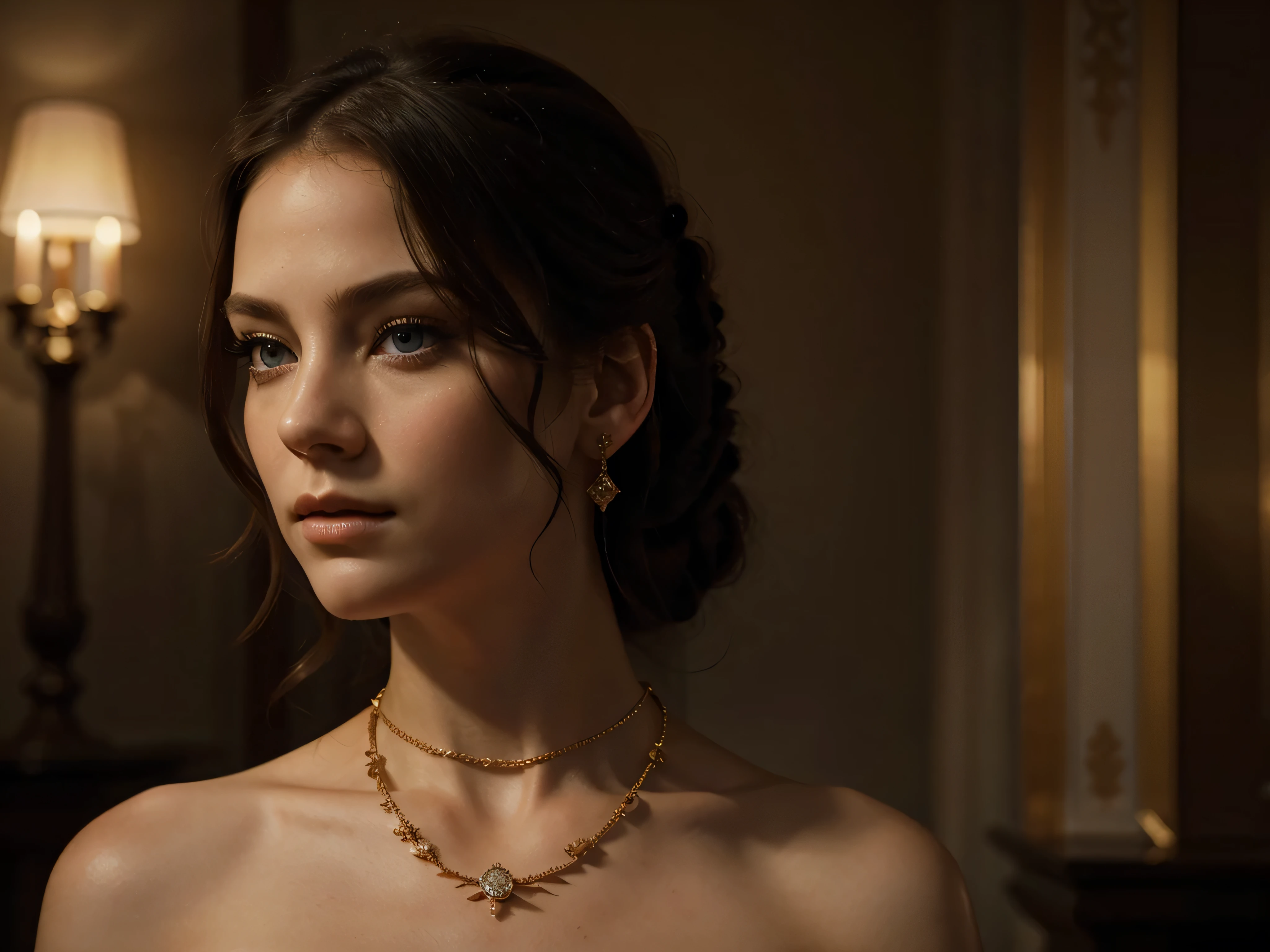A chiaroscuro portrait of a woman, beautiful detailed eyes, beautiful detailed lips, extremely detailed eyes and face, long eyelashes, porcelain skin, elegant hairstyle, intricate jewelry, dramatic lighting, Renaissance style, dramatic shadows, warm golden tones, dramatic chiaroscuro lighting, ultra-detailed, 8k, photorealistic, masterpiece, cinematic, dramatic atmosphere, elegant and regal