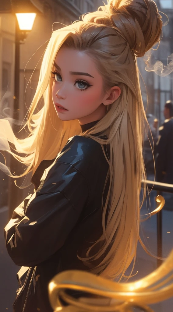Dinity, (Smoke gold effect around his head, beaucoup de vapeur effect) tatouage, maquillage, Paysage de nuit qui passe, Une belle fille avec, UHD Portrait, (High quality) (ultra details) Regarder le spectateur en tenue de ville de style hip-hop; different, colourfull, cheveux de plusieurscouleurs longs 🌈