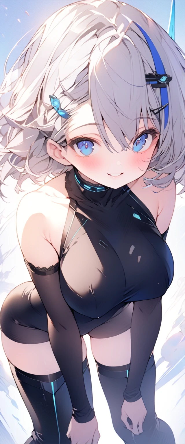 beautiful, masterpiece, Highest quality, anime, One girl, C Cup,Portrait Shot, View your viewers, Covered、Short Hair、nearby、Blue Eyes、art、、White hair,Blue streaked hair、wallpaper、hairpin、Cute smile、Thighs、Sci-fi hair accessories、Sci-fi knee-high boots、Cute、Sci-fi body stockings、blue sky、、Beautiful breasts、
