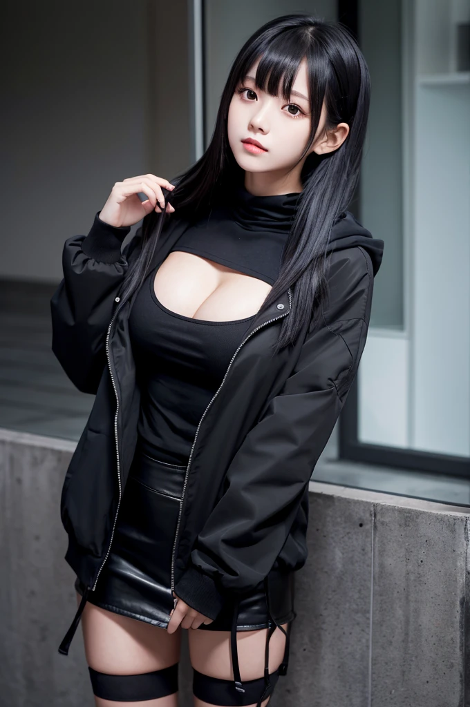 A girl with long black hair wearing a long black jacket with a hood Black mini skirt tall Slightly larger breasts With bangs Thin legs Wearing a black mask