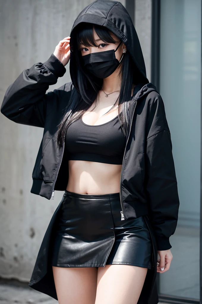 A girl with long black hair wearing a long black jacket with a hood　Black mini skirt　tall　Slightly larger breasts　With bangs　Thin legs　Wearing a black mask