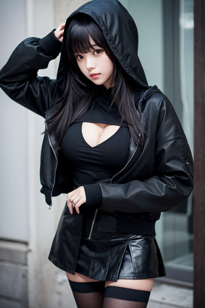 A girl with long black hair wearing a long black jacket with a hood　Black mini skirt　tall　Slightly larger breasts　With bangs　Thin legs　Wearing a black mask