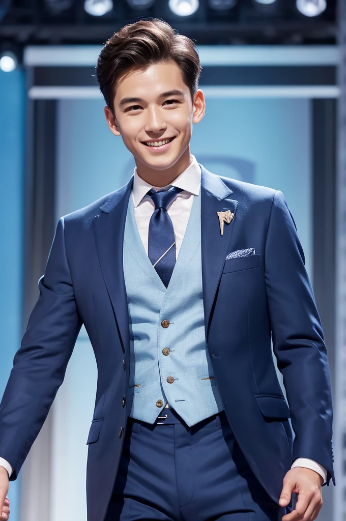 (masterpiece:1.1),(best quality:1.1),1 boy,soft light,man jxx,smile,look at the audience,Navy suit jacket, light bluetie,