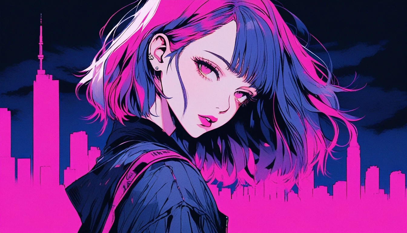 Illustrator, anime , Realistic ,sketch , 1 Girl, ,lip, T-shirt,order,Textured Trim, (masterpiece,Highest quality) City Night，Dark Background, Neon Hair,Textured Trim, Canadian, (masterpiece,Highest quality) Cancer