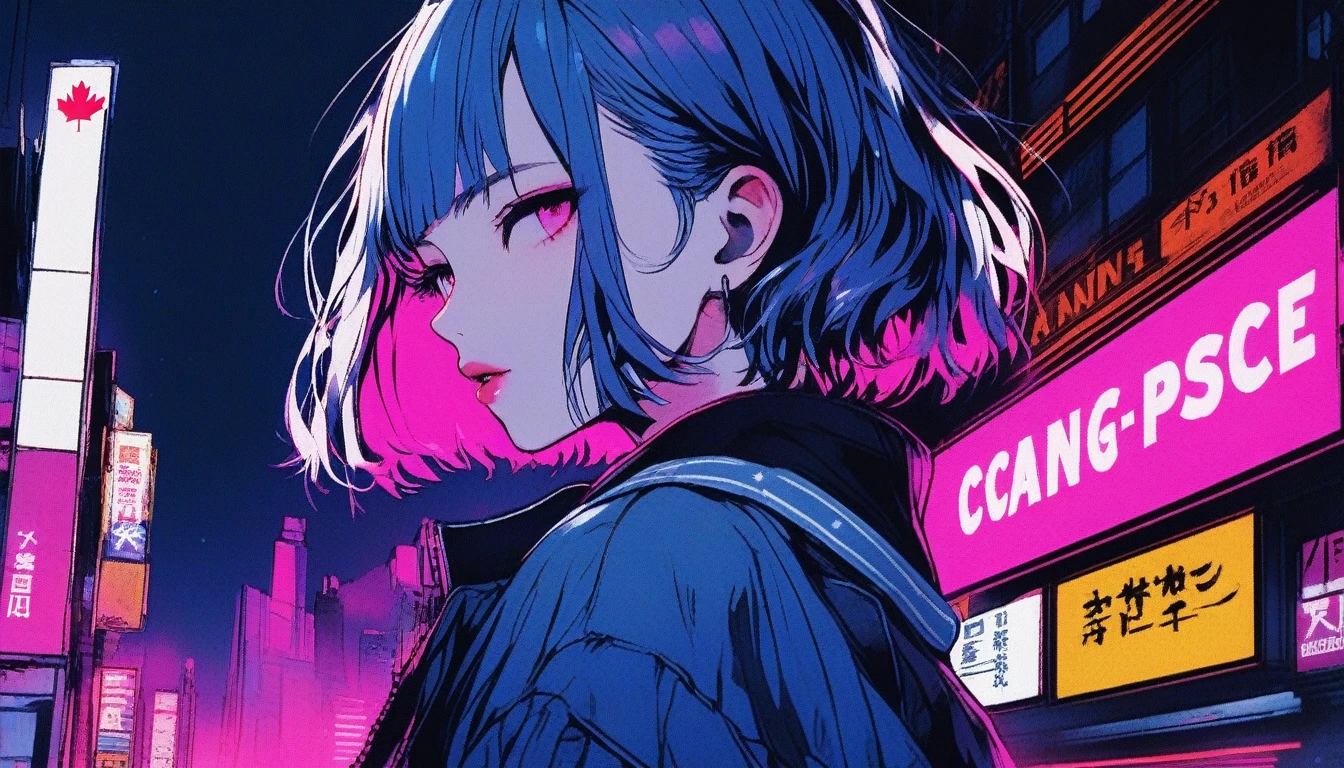 Illustrator, anime , Realistic ,sketch , 1 Girl, ,lip, T-shirt,order,Textured Trim, (masterpiece,Highest quality) City Night,Dark Background, Neon Hair,Textured Trim, Canadian, (masterpiece,Highest quality) Cancer