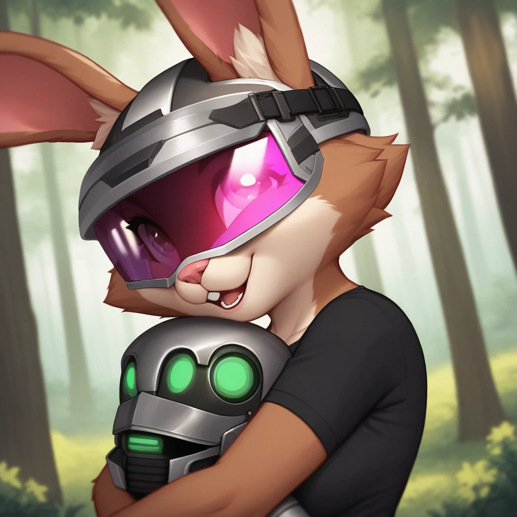 score_9, beautiful, cute, forest, Doomguy wearing armor and closed helmet with visor hugging an anthro bunny with brown fur wearing a black t-shirt