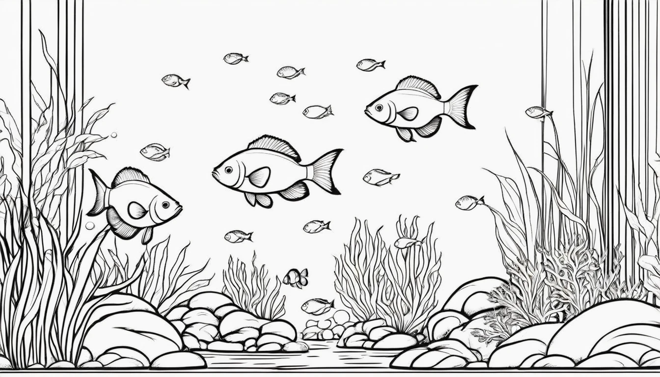 a group of small fish in aquascape scenery, cartoon, ,Coloring Book, ColoringBookAF,