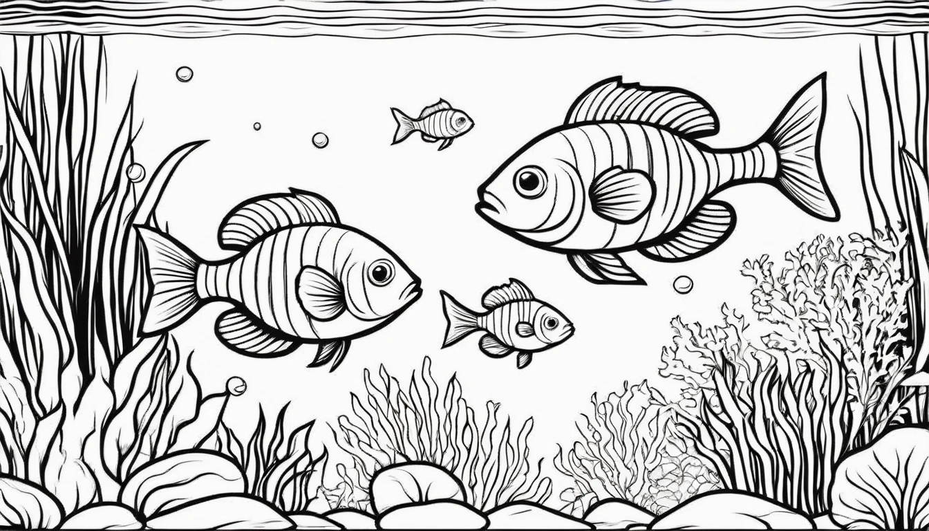 a group of small fish in aquascape scenery, cartoon, ,Coloring Book, ColoringBookAF,