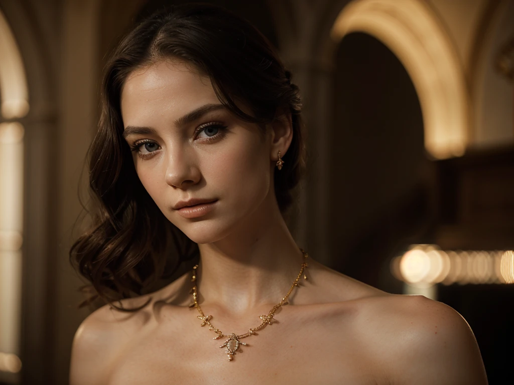 A chiaroscuro portrait of a woman, beautiful detailed eyes, beautiful detailed lips, extremely detailed eyes and face, long eyelashes, porcelain skin, elegant hairstyle, intricate jewelry, dramatic lighting, Renaissance style, dramatic shadows, warm golden tones, dramatic chiaroscuro lighting, ultra-detailed, 8k, photorealistic, masterpiece, cinematic, dramatic atmosphere, elegant and regal