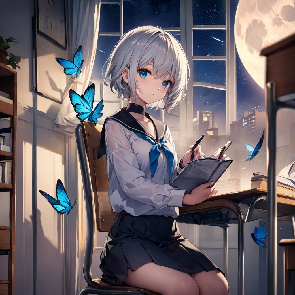 (((1 person　Gray Hair　Holding a pen　classroom　Chair　sit)))　((High resolution　short hair　tie　Black Skirt　Rin々Funny face　))　((student　blue eyes　Close-up))　((Blue Butterfly　night　学校のclassroom　Shining Aura　sit　Catch the wind　Looking at the moon outside))　(smile　Bathed in light)　月night　moonlight　star　Shuriken　Shining Background　Shining Edge