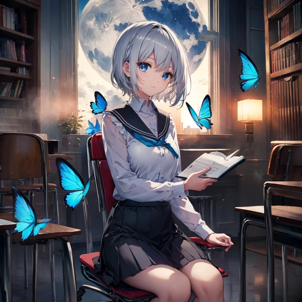 (((1 person　Gray Hair　Holding a pen　classroom　Chair　sit)))　((High resolution　short hair　tie　Black Skirt　Rin々Funny face　))　((student　blue eyes　Close-up))　((Blue Butterfly　night　学校のclassroom　Shining Aura　sit　Catch the wind　Looking at the moon outside))　(smile　Bathed in light)　月night　moonlight　star　Shuriken　Shining Background　Shining Edge