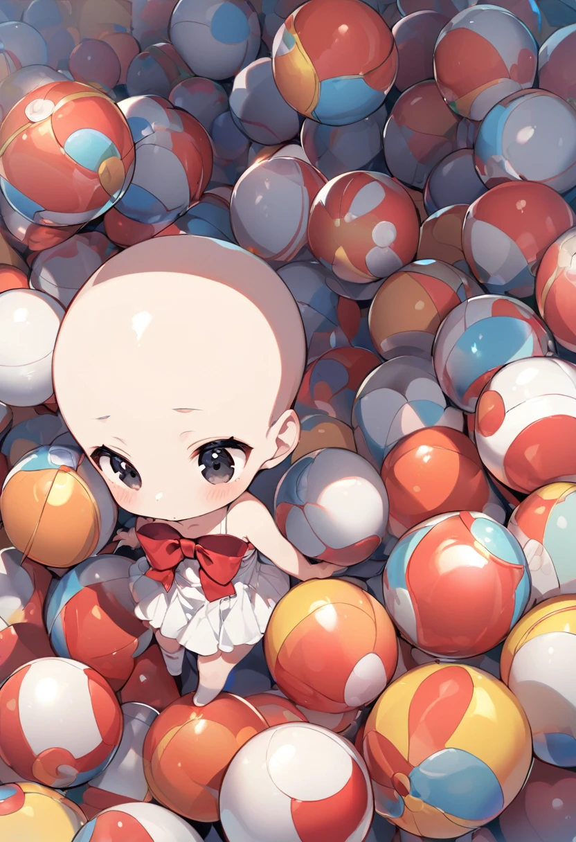 girl, cute, tiny, ball, bald, no hair, red bow, black eyes